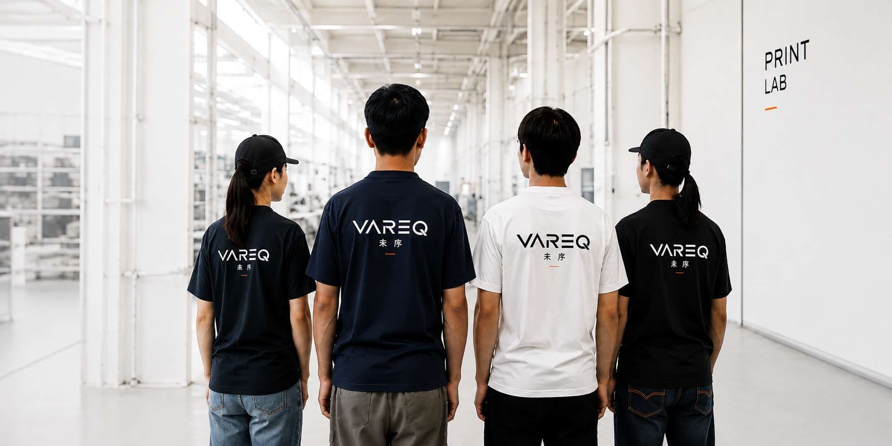 四位身穿 VAREQ 团队T恤的成员在明亮空间中并肩站立